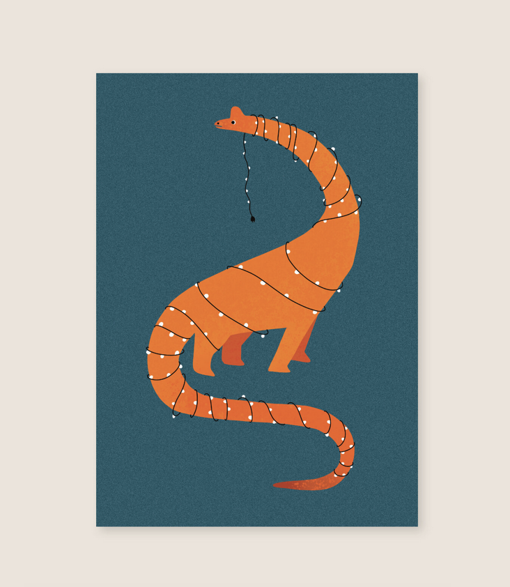 Postkarte Dino mit Lichterkette