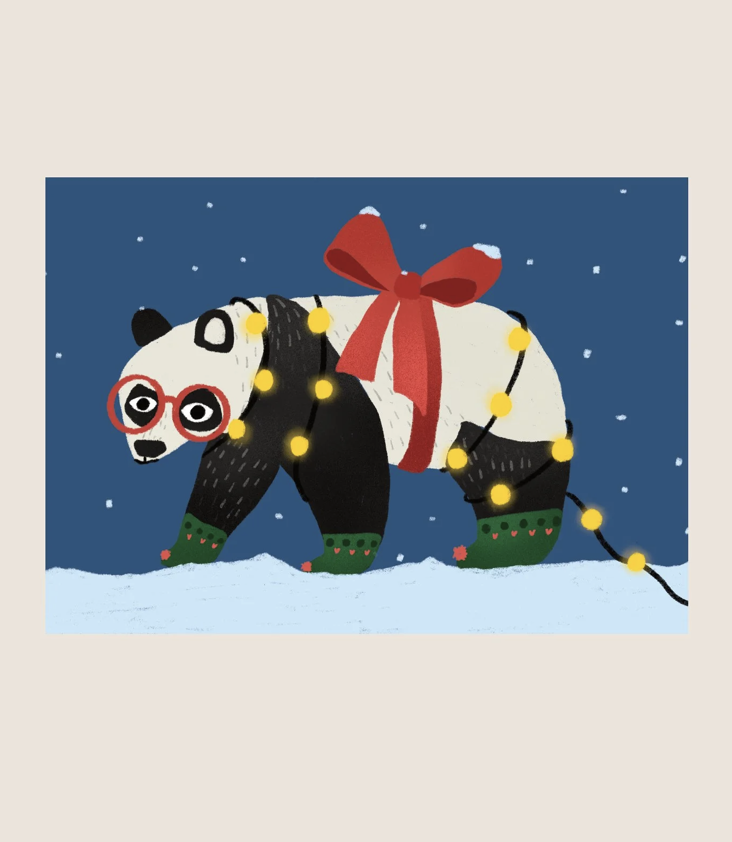 Postkarte Panda mit Lichterkette
